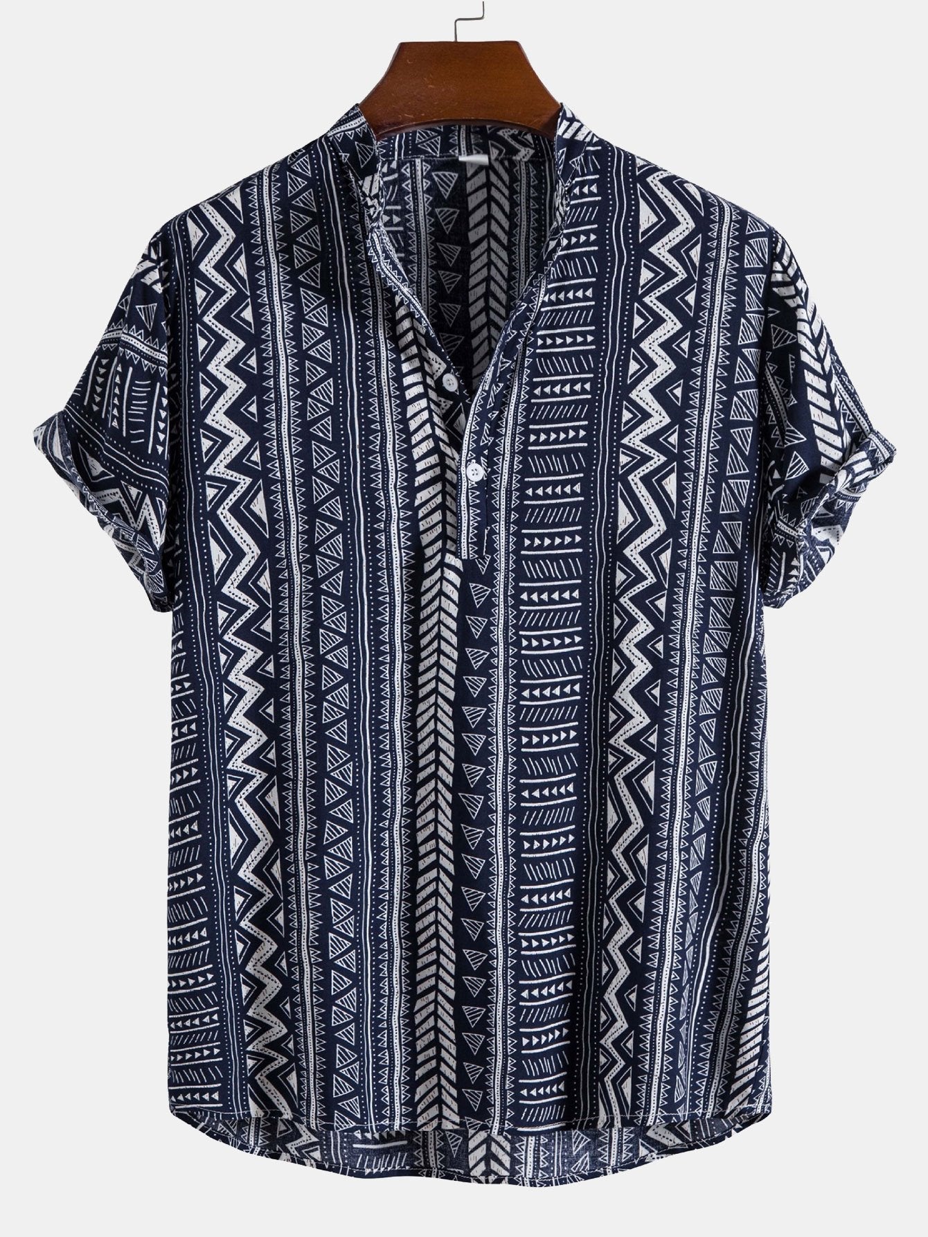 Tribal Geometric Print Half Placket Henley Collar Shirt