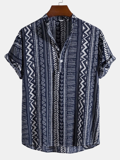 Tribal Geometric Print Half Placket Henley Collar Shirt