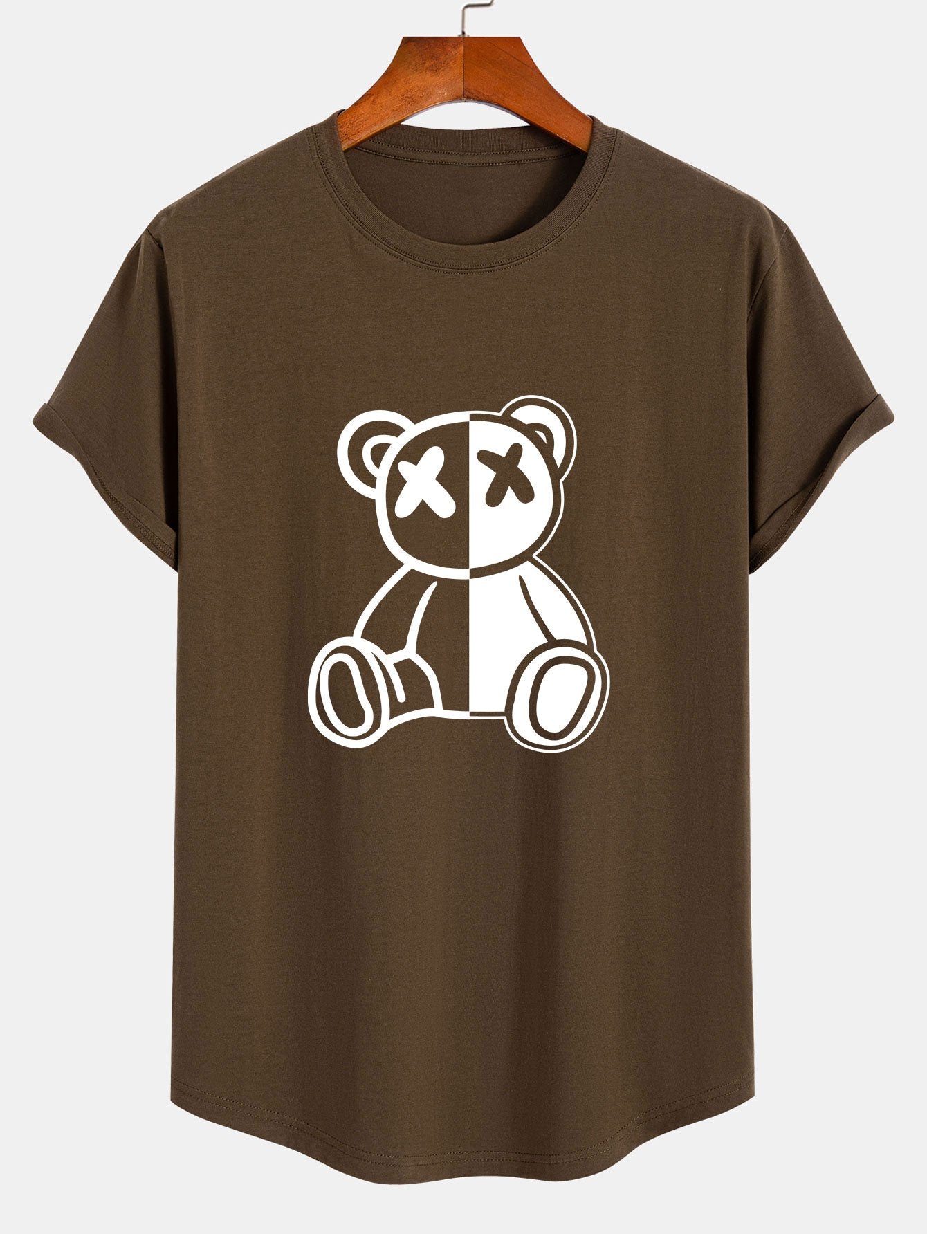 Bear Print Cotton Arc Hem T-Shirt