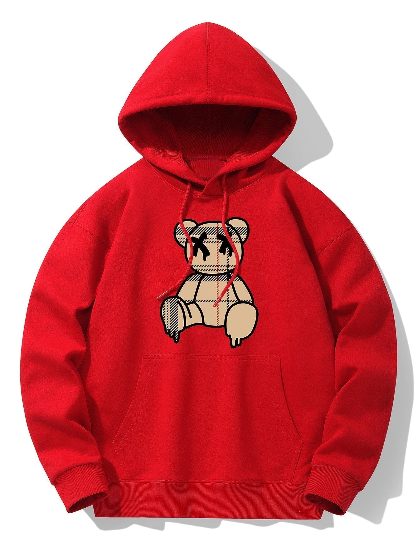 Plaid Pattern Dissolving Bear Print Drop Shoulder Relaxed Hoodie