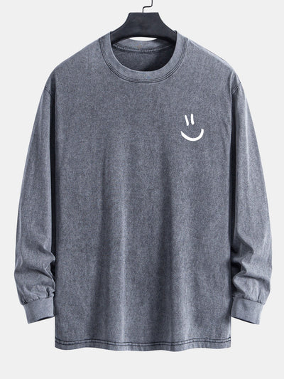 Smiley Face Print Relax Fit Long Sleeve Washed Distressed T-Shirt