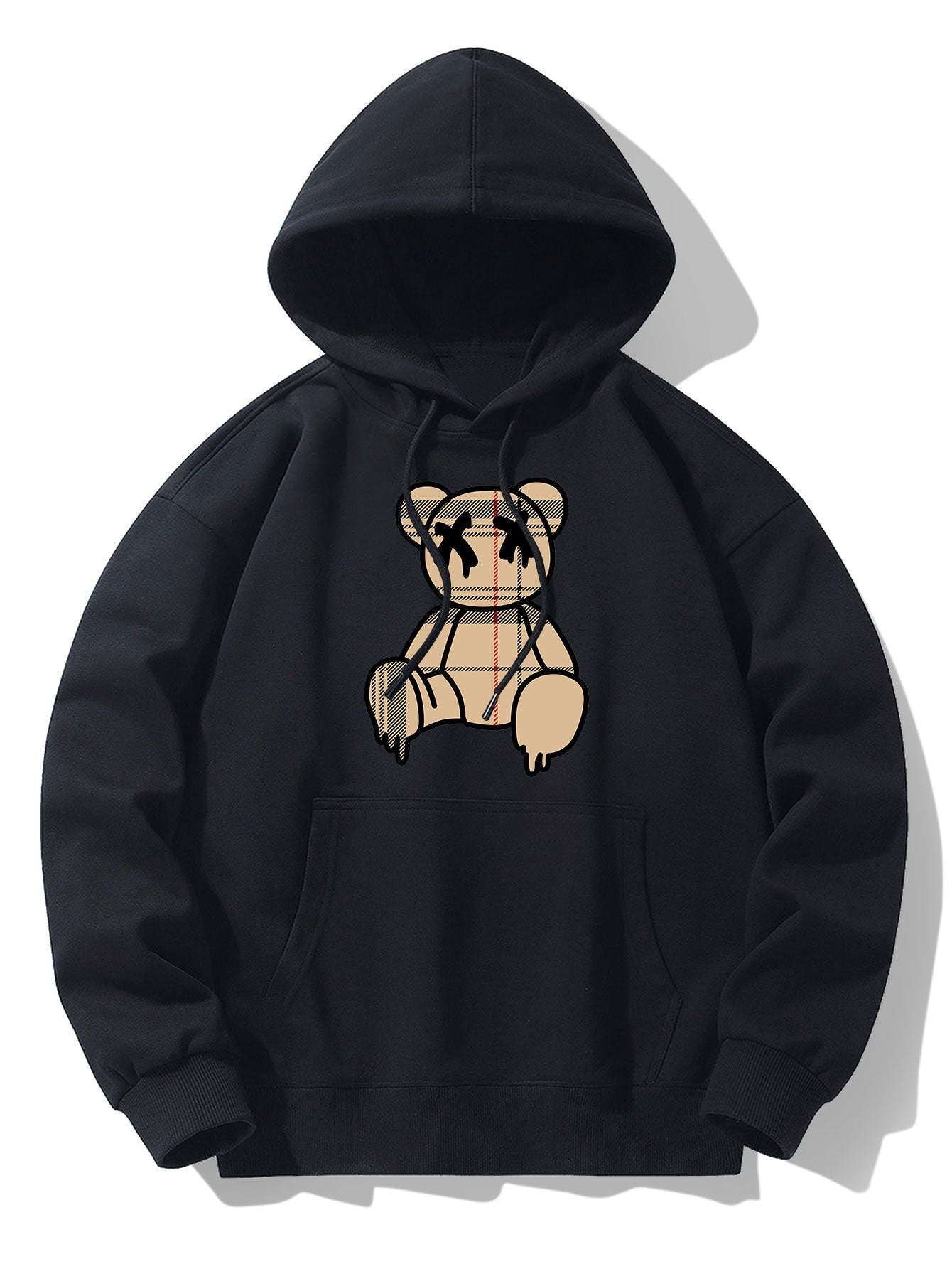 Plaid Pattern Dissolving Bear Print Drop Shoulder Relaxed Hoodie