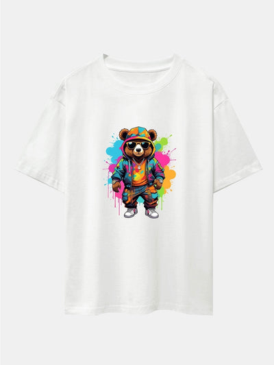 Graffiti Bear Print Drop Shoulder Oversize T-Shirt