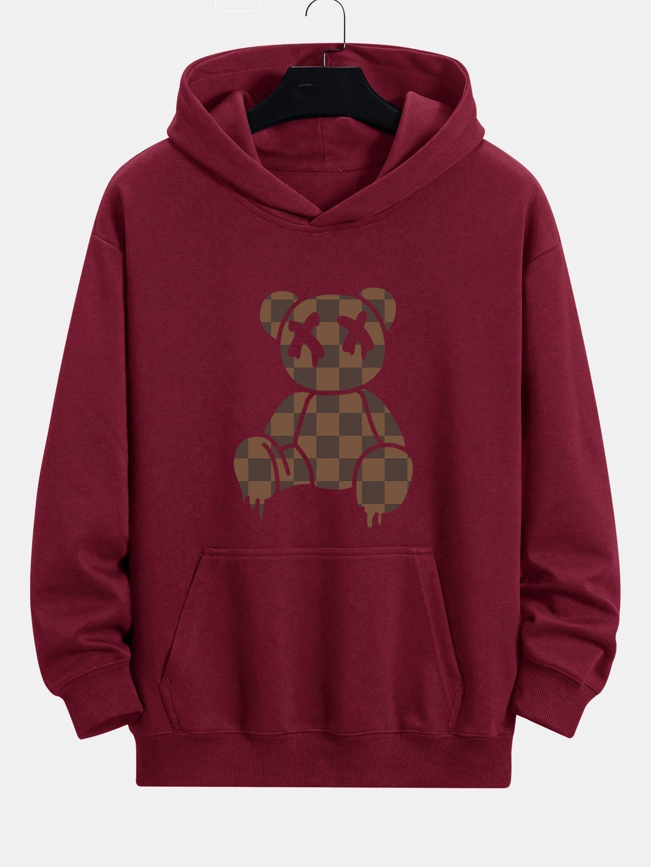 Plaid Dissolving Bear Print Relax Fit Hoodie