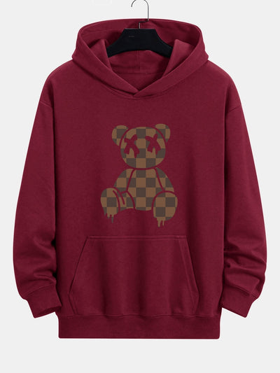 Plaid Dissolving Bear Print Relax Fit Hoodie