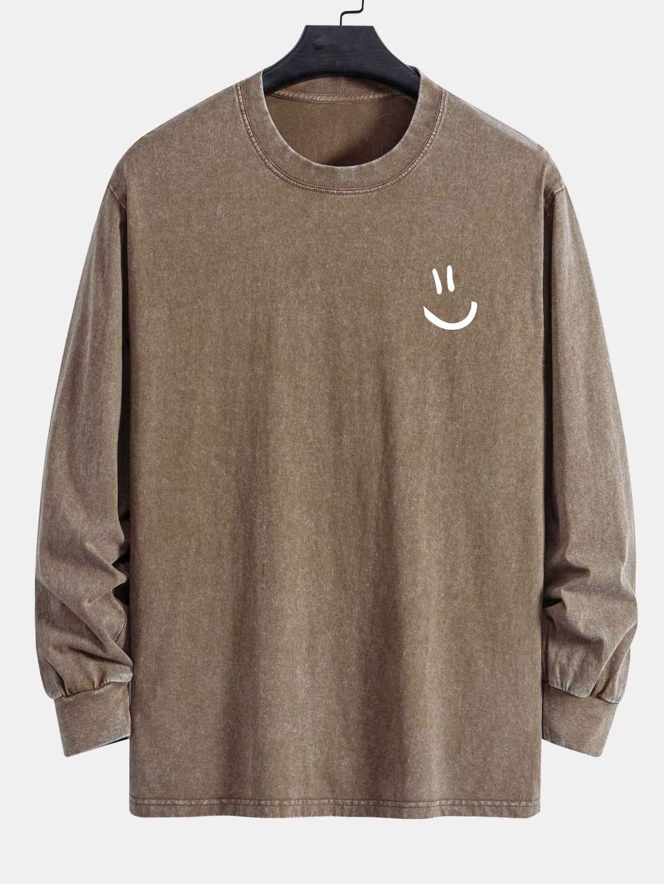 Smiley Face Print Relax Fit Long Sleeve Washed Distressed T-Shirt