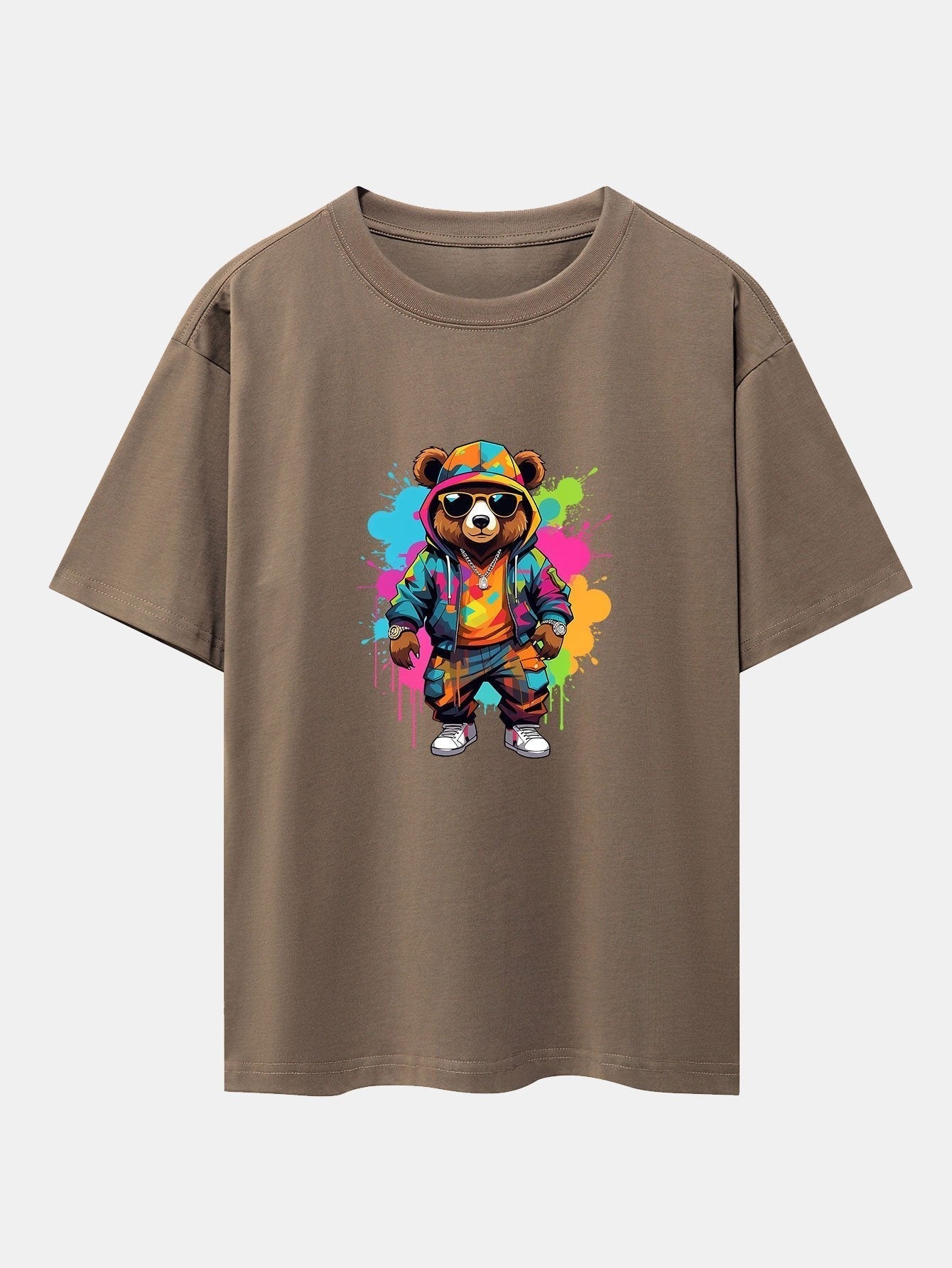 Graffiti Bear Print Drop Shoulder Oversize T-Shirt