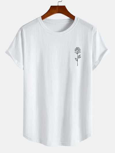 Rose Print Cotton Arc Hem T-Shirt