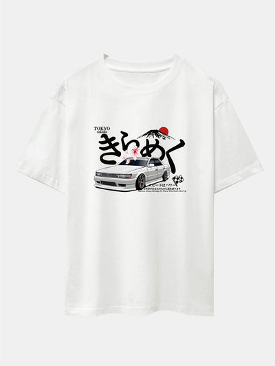 Tokyo Mt. Fuji Car Print Drop Shoulder Oversize T-Shirt