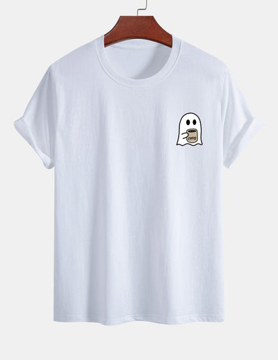Regular Fit Ghost Drinking Coffee Print Cotton T-Shirt