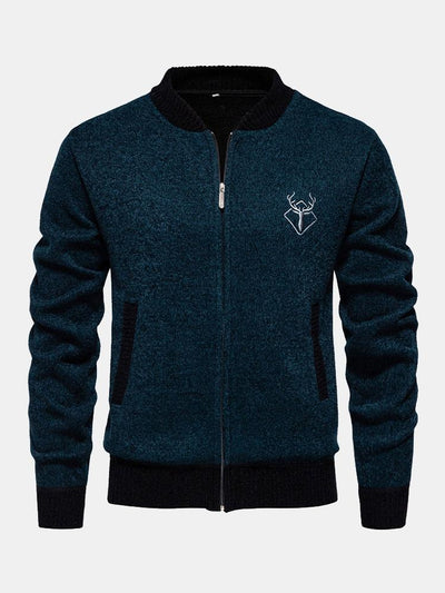 Elk Embroidered Contrast Baseball Collar Sweater