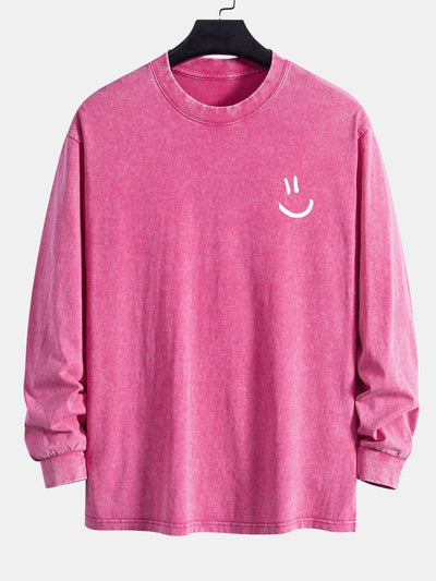 Smiley Face Print Relax Fit Long Sleeve Washed Distressed T-Shirt