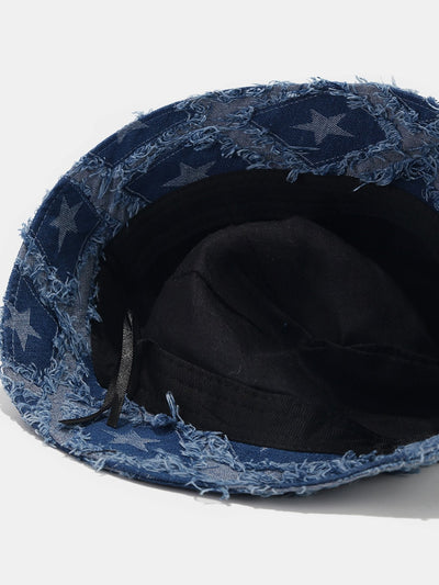 Pentagram Distressed Denim Frayed Bucket Hat