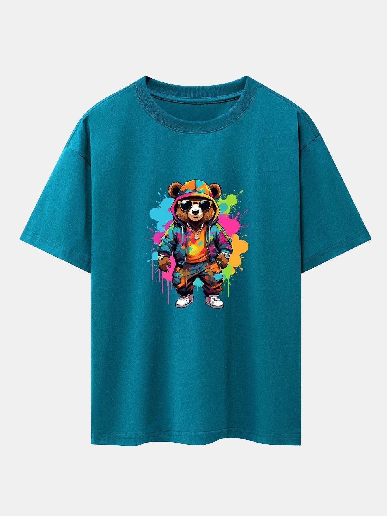 Graffiti Bear Print Drop Shoulder Oversize T-Shirt