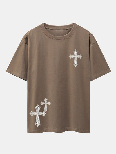 Ornamental Cross Print Drop Shoulder Oversize T-Shirt