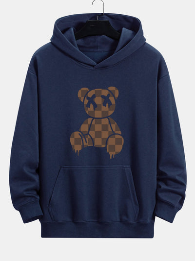 Plaid Dissolving Bear Print Relax Fit Hoodie
