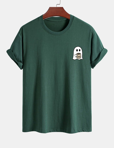 Regular Fit Ghost Drinking Coffee Print Cotton T-Shirt
