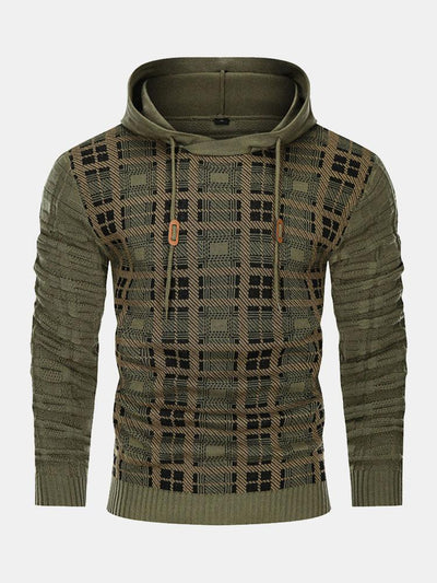 Slim Fit Knitted Plaid Paneled Hooded Sweater