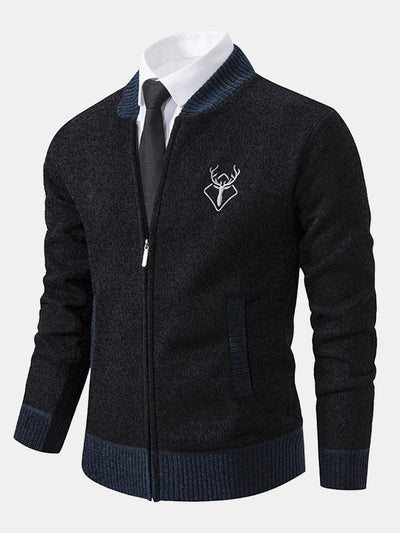 Elk Embroidered Contrast Baseball Collar Sweater