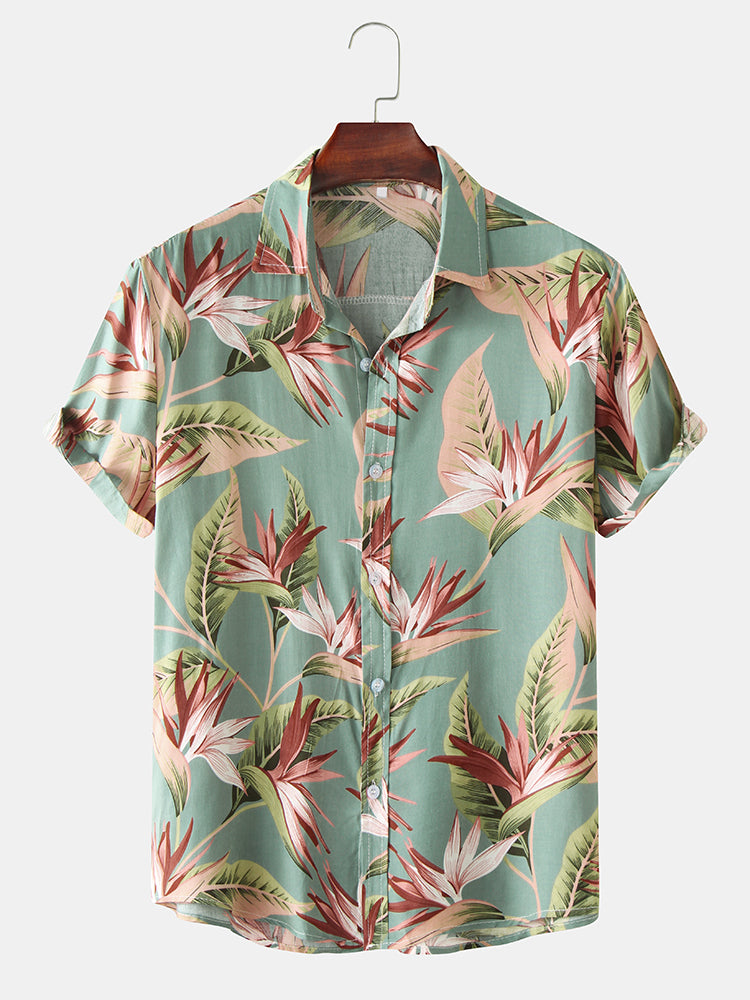 Oil Print Leaf Short Sleeve Shirts